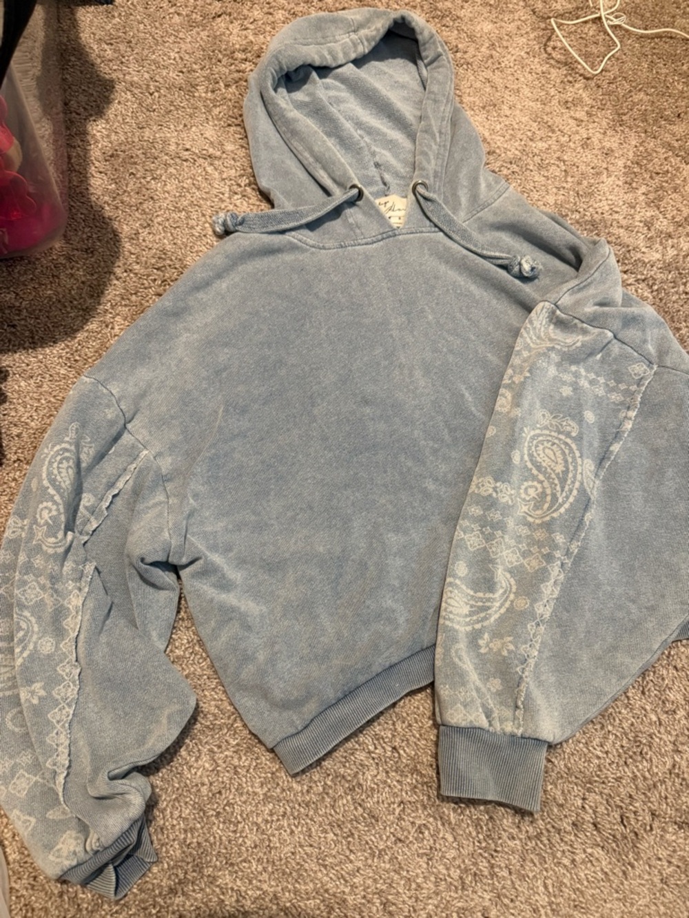 Vintage Havana Light Blue Hooded Sweatshirt with Paisley Sleeve Detail